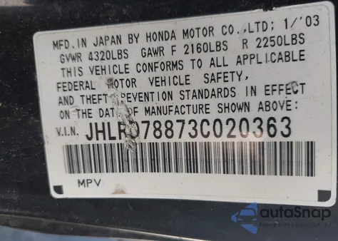 2003 Honda Cr-V Ex из США, поврежденный, VIN JHLRD78873C020363